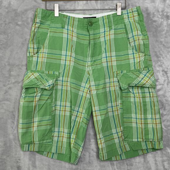 RVCA Cargo Shorts Mens 32 Green Plaid Cotton Pockets Skate Casual Summer Outdoor - Picture 1 of 14
